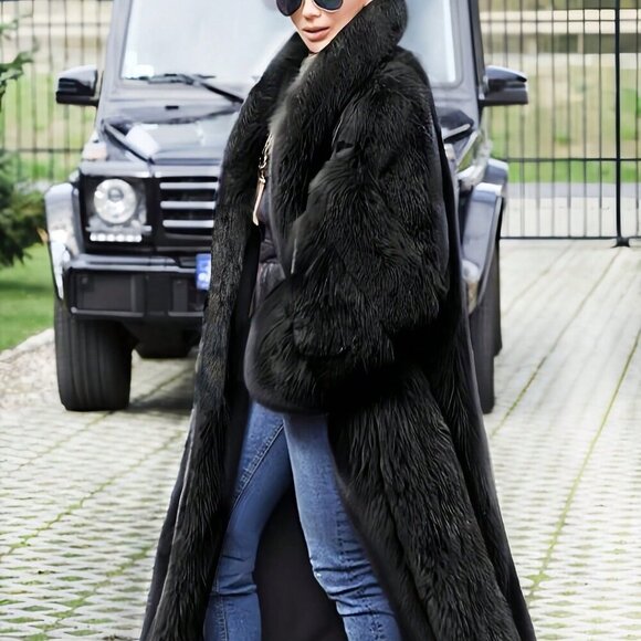 Black elegant luxe Women's plush  Faux Fur long Jacket Coat - Picture 6 of 7